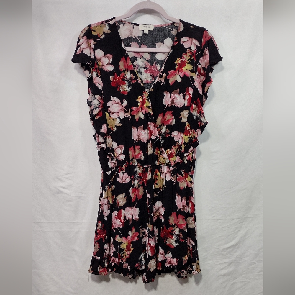 Umgee Floral Romper Women's M Black Pink Faux Wrap Retro 90s Y2K Cottagecore